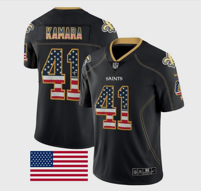 Men's Saints 41 Alvin Kamara Limited Black USA Flag Stitched Jersey