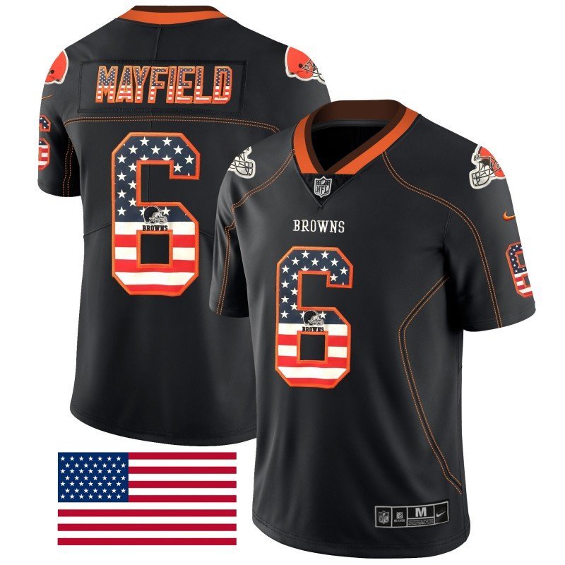 Men's Cleveland Browns 6# Baker Mayfield Black shadow USA Flag Stitched Jersey