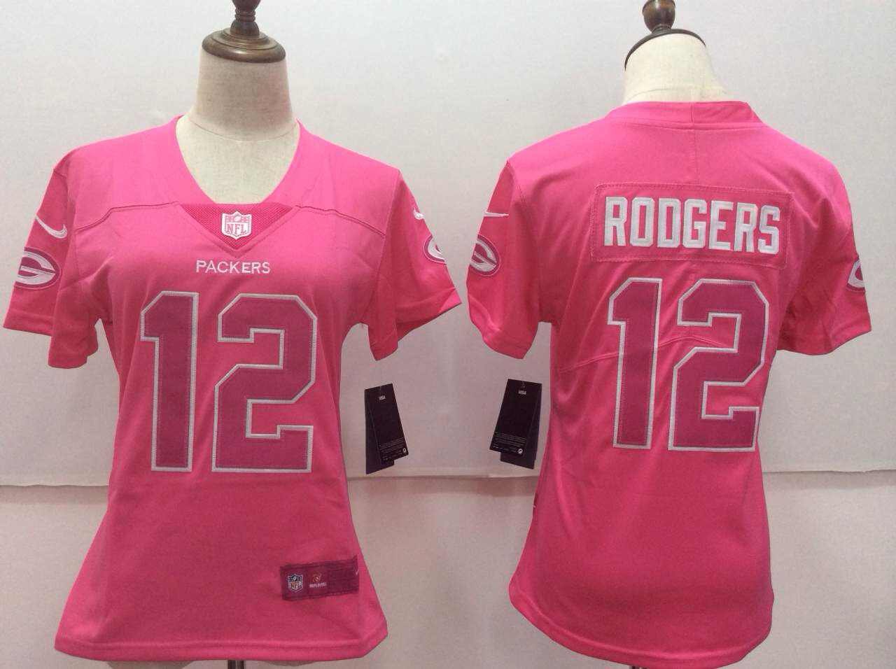 Women's Green Bay Packers 12# Aaron Rodgers Limited Pink Stitched Jersey