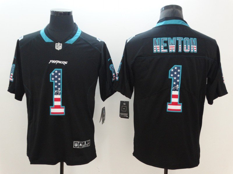 Men's Carolina Panthers #1 Cam Newton Limited Black USA flag Stitched Jersey