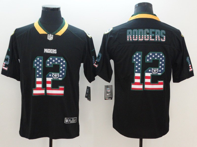 Men's Green Bay Packers #12 Aaron Rodgers Limited Black USA flag Stitched Jersey