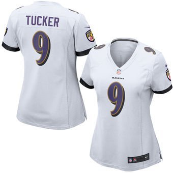Women's Baltimore Ravens 9# Justin Tucker Game White Stitched Jersey