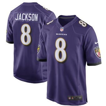 Men's Baltimore Ravens 8# Lamar Jackson Game Purple Stitched Jersey