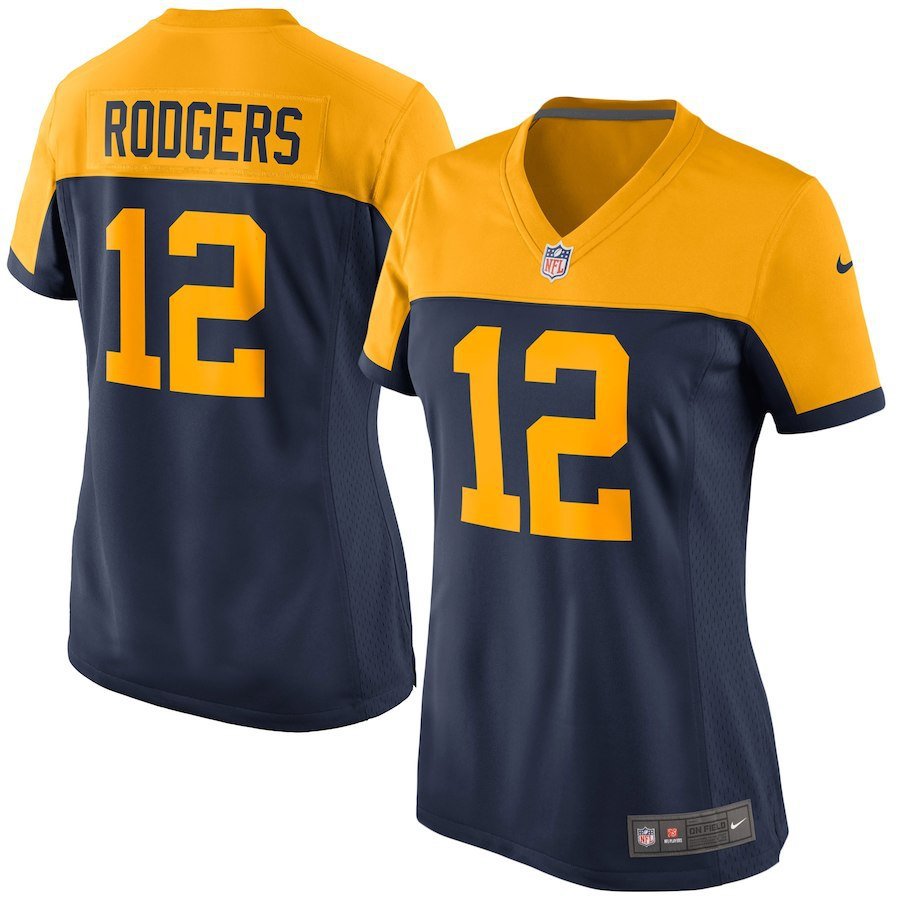 Women's Green Bay Packers 12# Aaron Rodgers Navy Throwback Stitched Jersey
