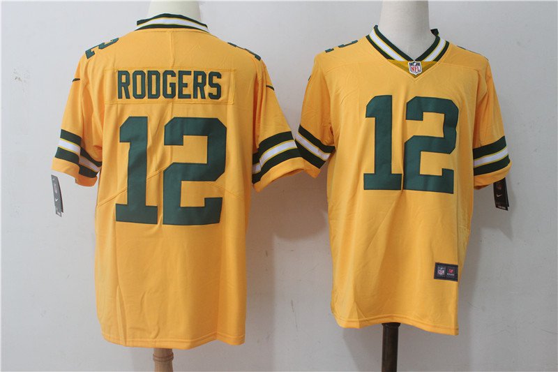 Men's Green Bay Packers 12# Aaron Rodgers Yellow Stitched Jersey