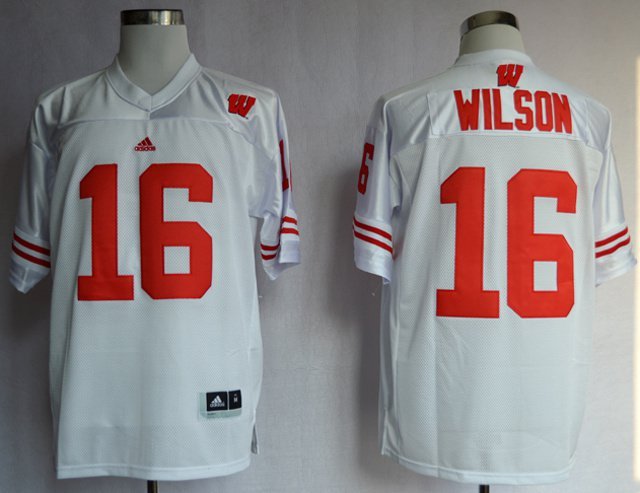 Men Wisconsin Badgers 16 Russell Wilson White College Stitched Jersey