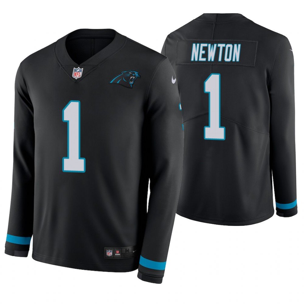 Carolina Panthers #1 Cam Newton Black Therma Long Sleeve Stitched Jersey