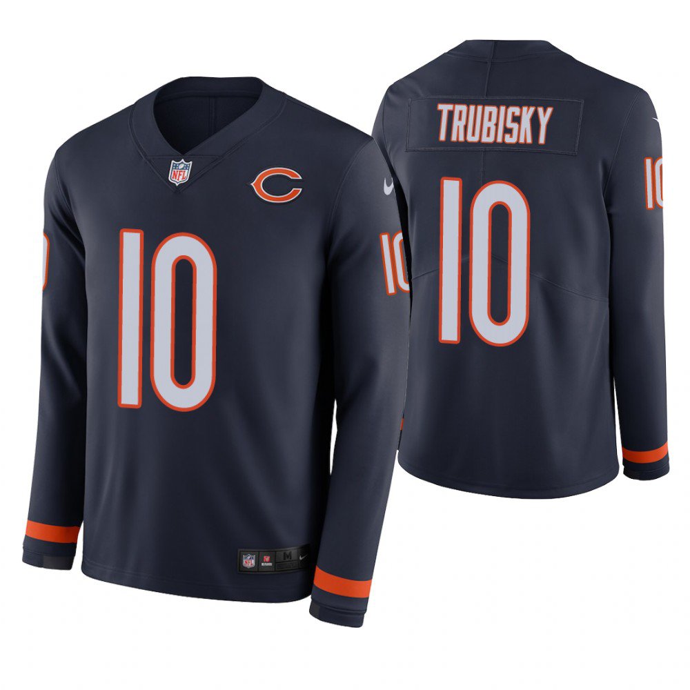 Chicago Bears #10 Mitchell Trubisky Navy Therma Long Sleeve Stitched Jersey