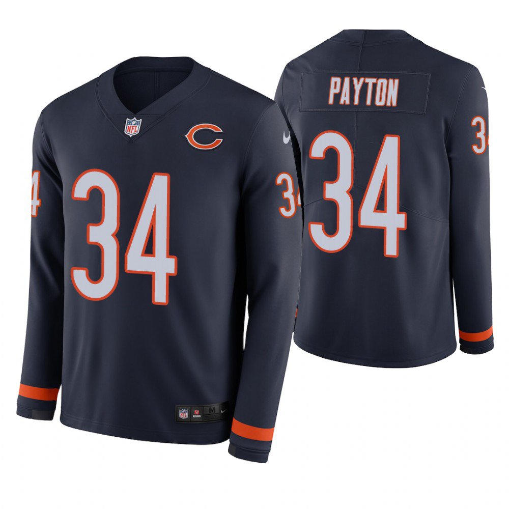 Chicago Bears #34 Walter Payton Navy Therma Long Sleeve Stitched Jersey