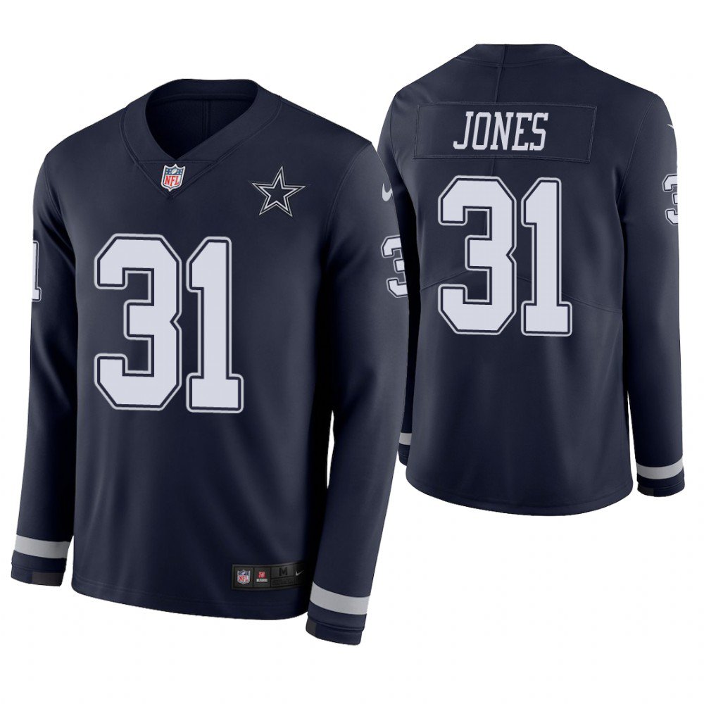 Dallas Cowboys #31 Byron Jones Navy Therma Long Sleeve Stitched Jersey