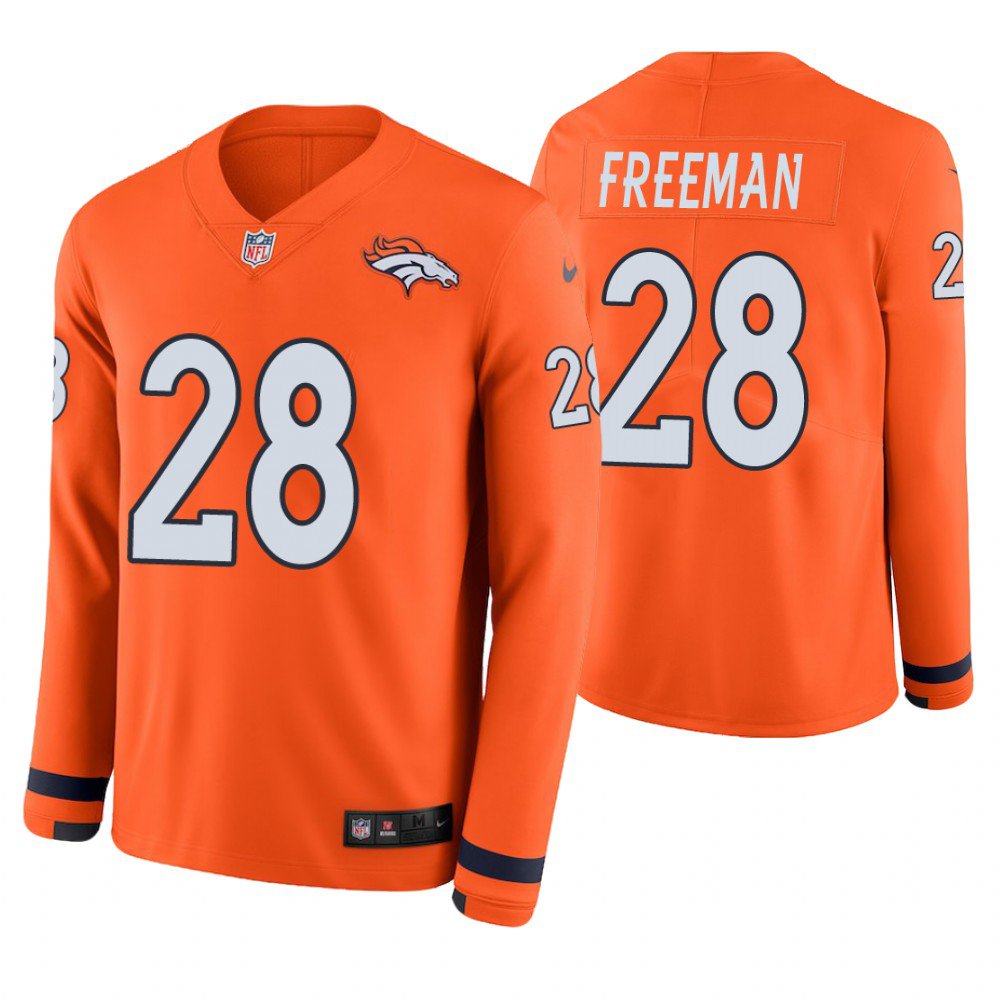 Denver Broncos #28 Royce Freeman Orange Therma Long Sleeve Stitched Jersey