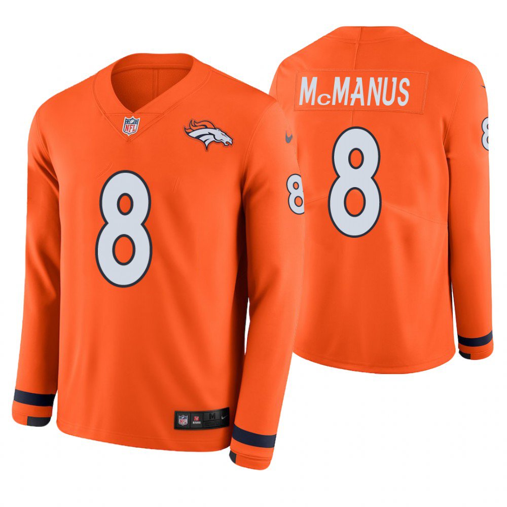 Denver Broncos #8 Brandon McManus Orange Therma Long Sleeve Stitched Jersey