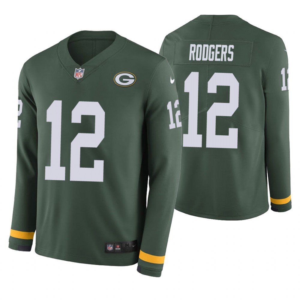 Green Bay Packers #12 Aaron Rodgers Green Therma Long Sleeve Stitched Jersey