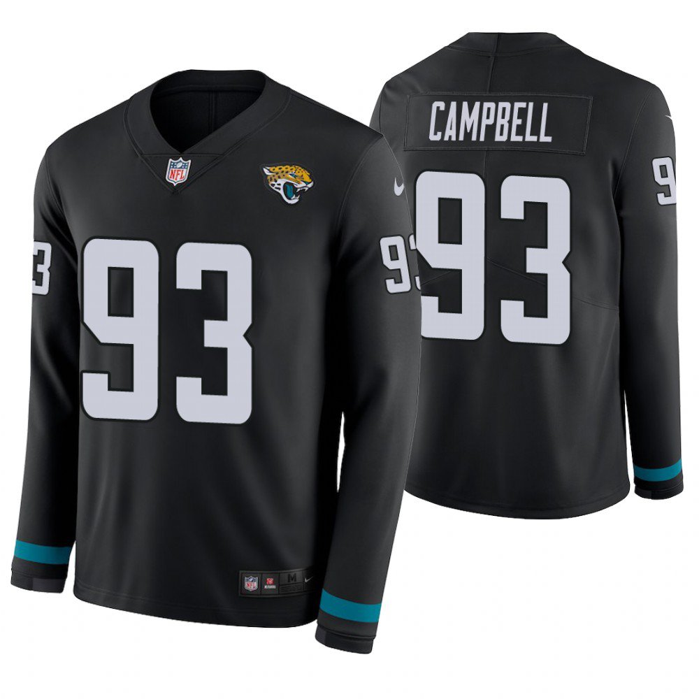 Jacksonville Jaguars #93 Calais Campbell Black Therma Long Sleeve Stitched Jersey