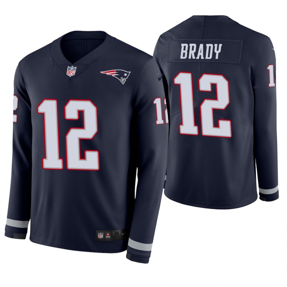 New England Patriots #12 Tom Brady Navy Therma Long Sleeve Stitched Jersey