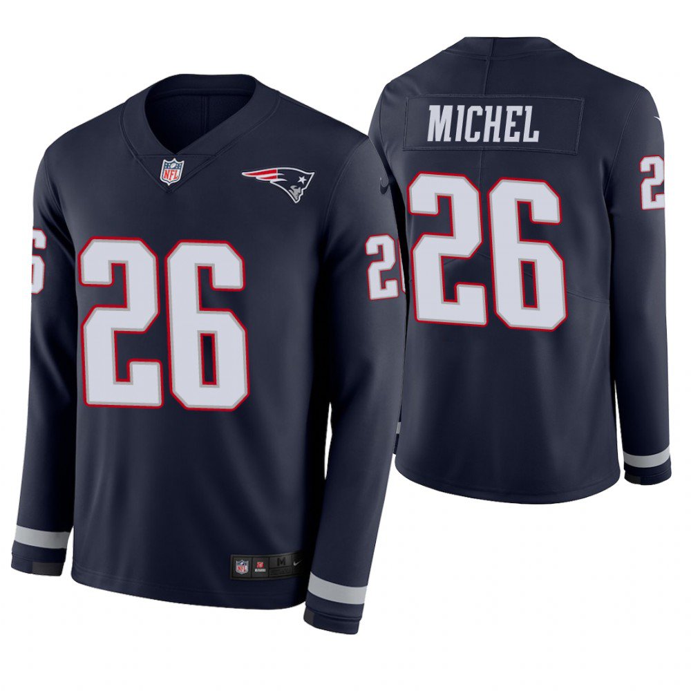 New England Patriots #26 Sony Michel Navy Therma Long Sleeve Stitched Jersey