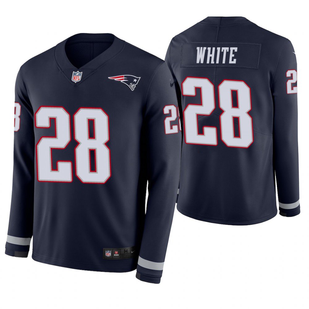 New England Patriots #28 James White Navy Therma Long Sleeve Stitched Jersey