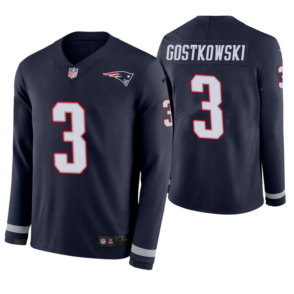 New England Patriots #3 Stephen Gostkowski Navy Therma Long Sleeve Stitched Jersey