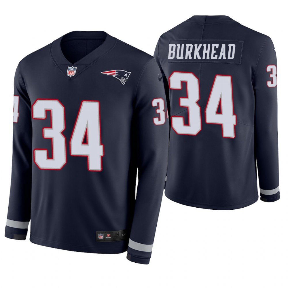 New England Patriots #34 Rex Burkhead Navy Therma Long Sleeve Stitched Jersey