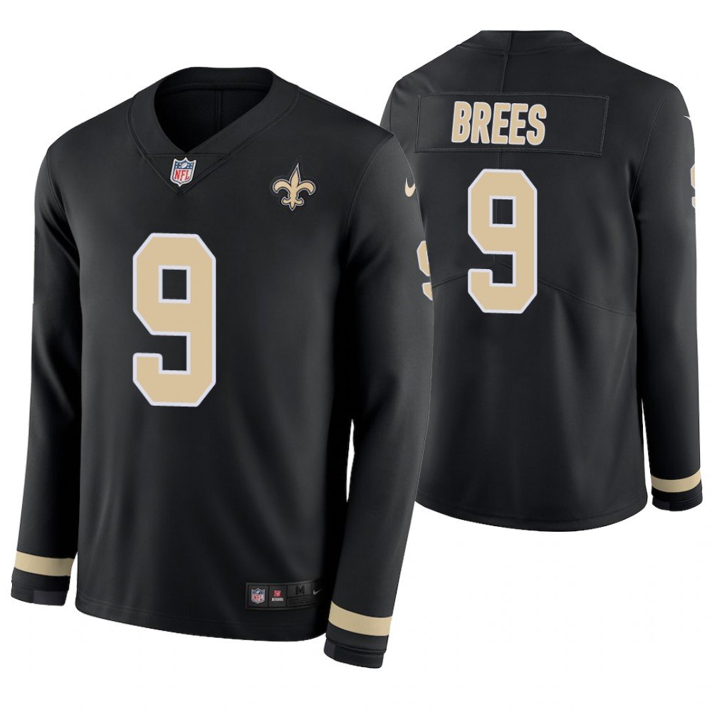 New Orleans Saints #9 Drew Brees Black Therma Long Sleeve Stitched Jersey