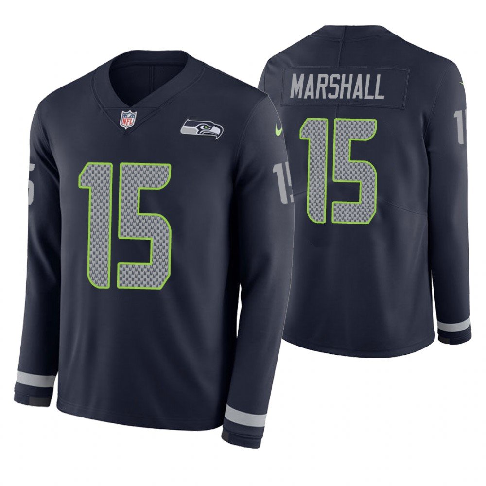 Seattle Seahawks #15 Brandon Marshall Navy Therma Long Sleeve Stitched Jersey