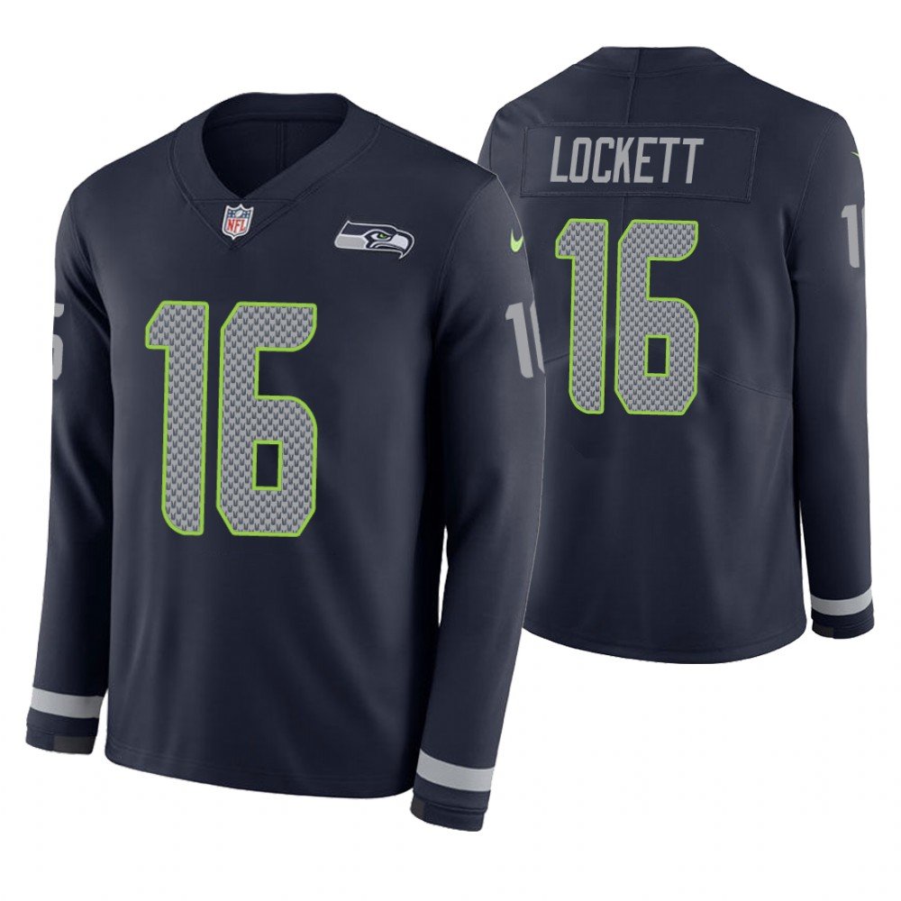 Seattle Seahawks #16 Tyler Lockett Navy Therma Long Sleeve Stitched Jersey