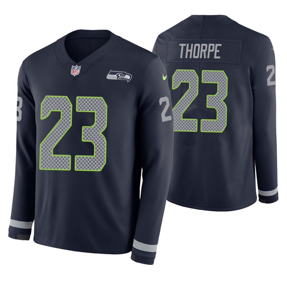Seattle Seahawks #23 Neiko Thorpe Navy Therma Long Sleeve Stitched Jersey