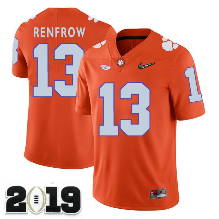 2019 CHAMPIONSHIP Clemson Tigers #13 Hunter Renfrow Orange Stitched Football Jersey