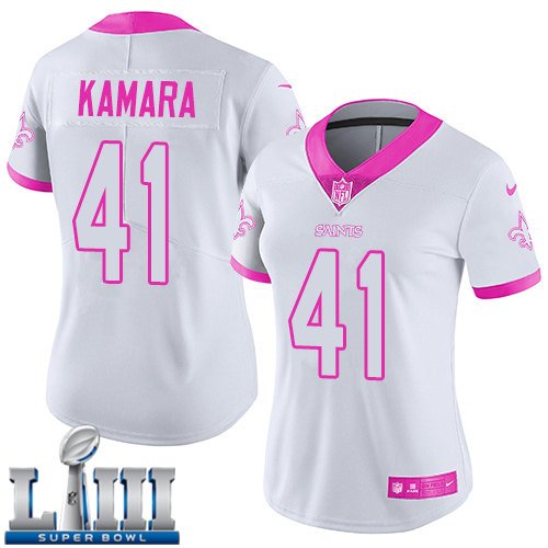 #41 Saints Alvin Kamara Women's White/Pink 2019 Super Bowl LIII Jersey