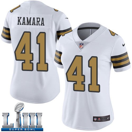 #41 Saints Alvin Kamara Women's White 2019 Super Bowl LIII Jersey Rush