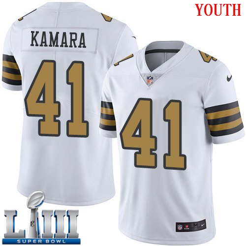 #41 Saints Alvin Kamara Youth White 2019 Super Bowl LIII Jersey Rush