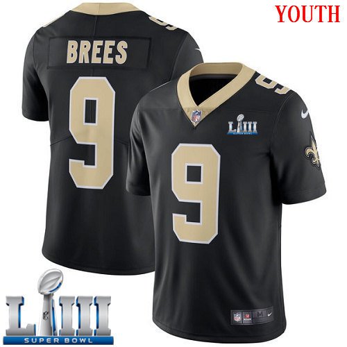 #9 Saints Drew Brees Youth Home Black 2019 Super Bowl LIII Jersey