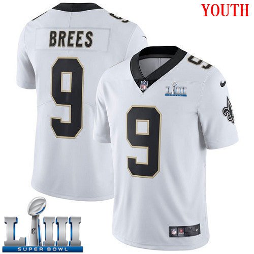 #9 Saints Drew Brees Youth Road White 2019 Super Bowl LIII Jersey