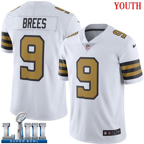 #9 Saints Drew Brees Youth White 2019 Super Bowl LIII Jersey Rush