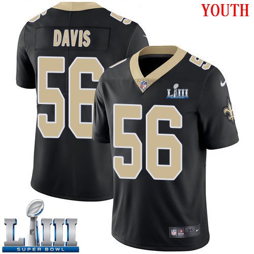 #56 Saints DeMario Davis Youth Home Black 2019 Super Bowl LIII Jersey