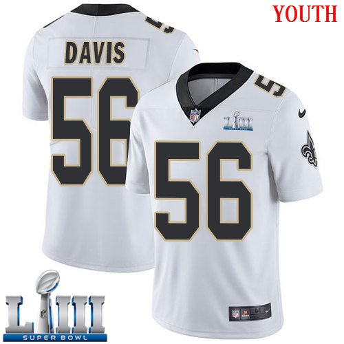 #56 Saints DeMario Davis Youth Road White 2019 Super Bowl LIII Jersey
