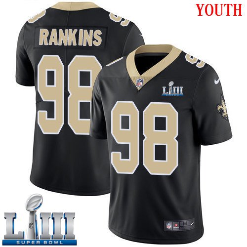 #98 Saints Sheldon Rankins Youth Home Black 2019 Super Bowl LIII Jersey