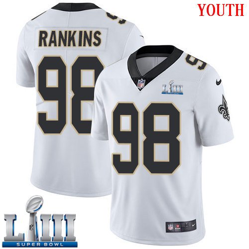#98 Saints Sheldon Rankins Youth Road White 2019 Super Bowl LIII Jersey