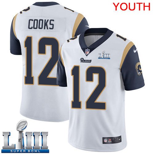 Youth Limited Brandin Cooks Rams White 2019 Super Bowl LIII Jersey #12 Road
