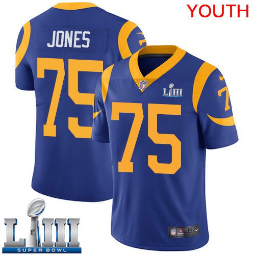Youth Limited Deacon Jones Rams Royal Blue 2019 Super Bowl LIII Jersey #75