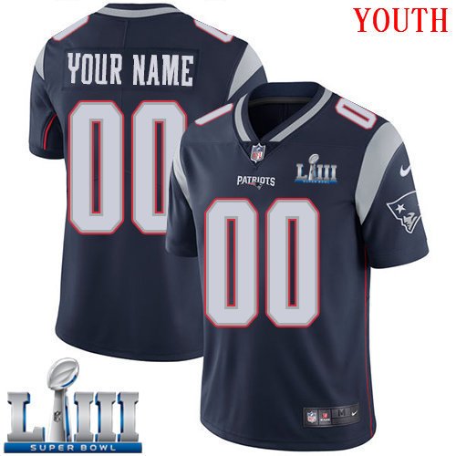 Patriots Youth Home Navy Blue 2019 Super Bowl LIII Jersey Custom Name And Numberized