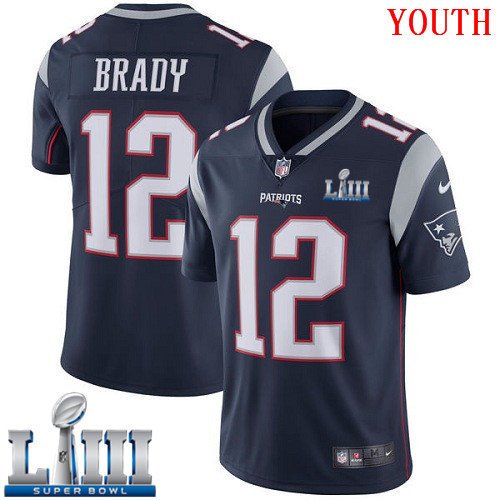 #12 Patriots Tom Brady Youth Home Navy Blue 2019 Super Bowl LIII Jersey