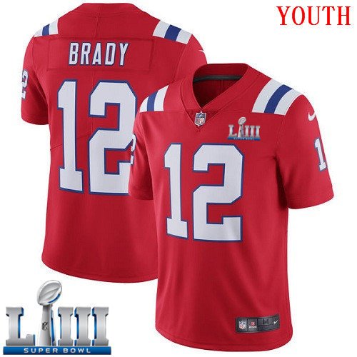 #12 Patriots Tom Brady Youth Alternate Red 2019 Super Bowl LIII Jersey