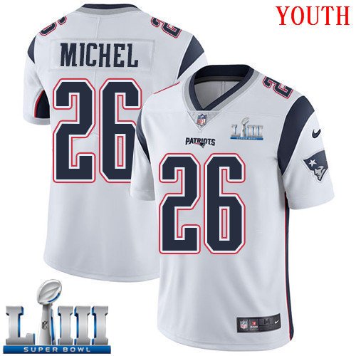 #26 Patriots Sony Michel Youth Road White 2019 Super Bowl LIII Jersey