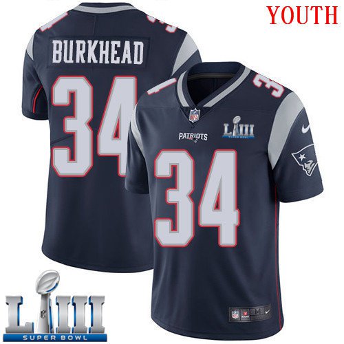 #34 Patriots Rex Burkhead Youth Home Navy Blue 2019 Super Bowl LIII Jersey