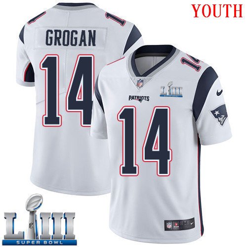 #14 Patriots Steve Grogan Youth Road White 2019 Super Bowl LIII Jersey