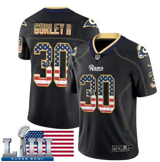 Rams #30 Todd Gurley II Black Men's Stitched Limited USA Flag 2019 Super Bowl LIII Jersey