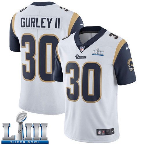 Men's Limited Todd Gurley Rams White 2019 Super Bowl LIII Jersey #30 Road