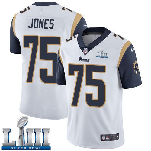 Men's Limited Deacon Jones Rams White 2019 Super Bowl LIII Jersey #75 Road