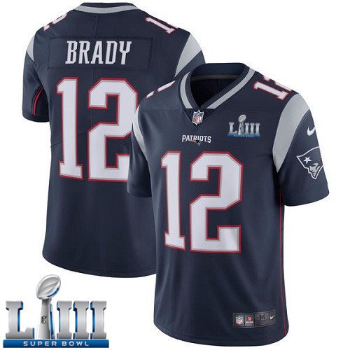 #12 Patriots Tom Brady Limited Men's Home Navy Blue 2019 Super Bowl LIII Jersey